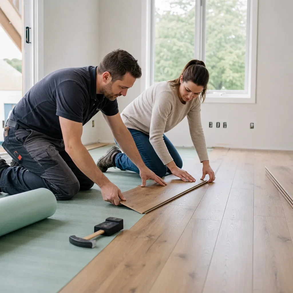 A person installing click-lock laminate flooring over underlayment.