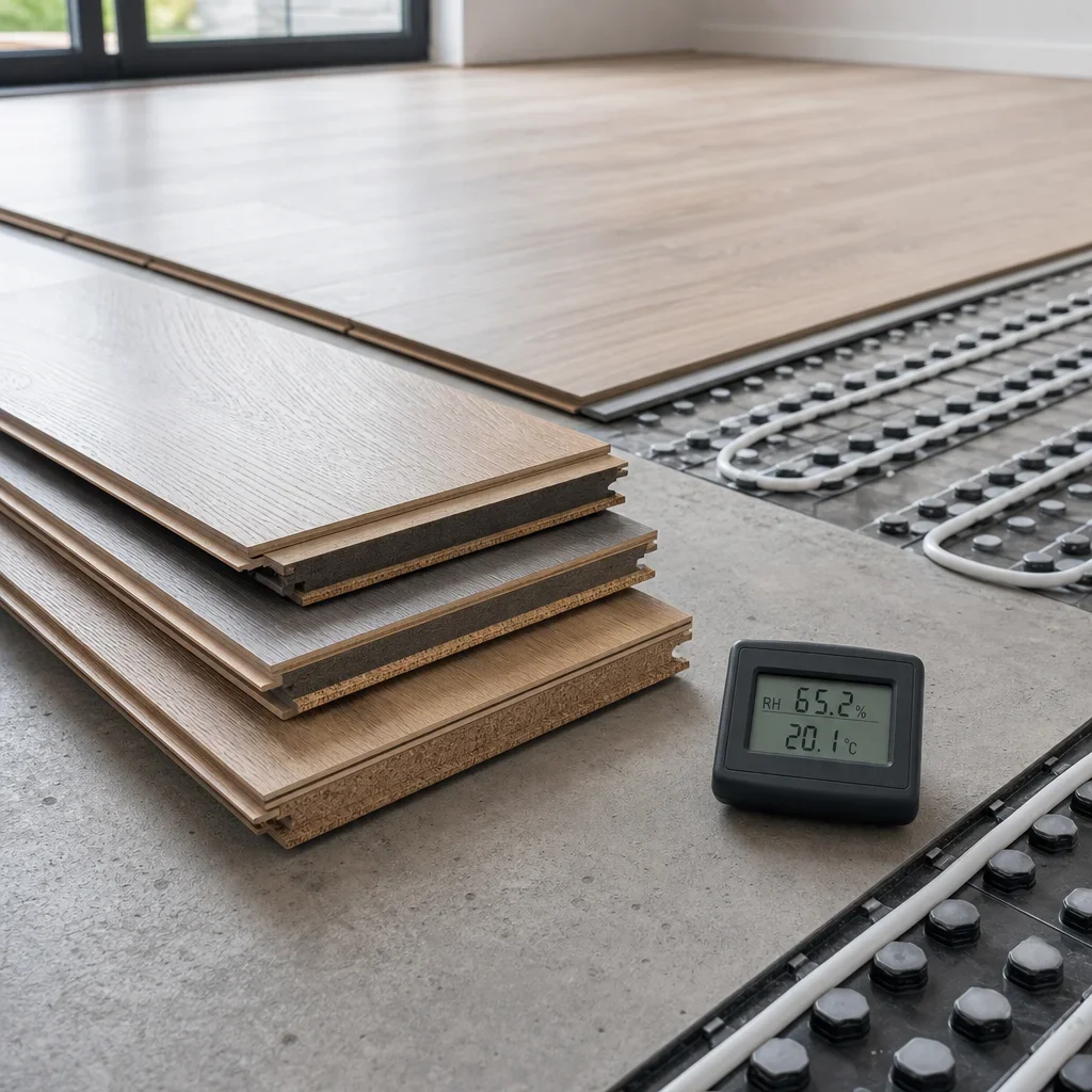 Laminate flooring samples beside underfloor heating and a moisture meter, showing performance factors.