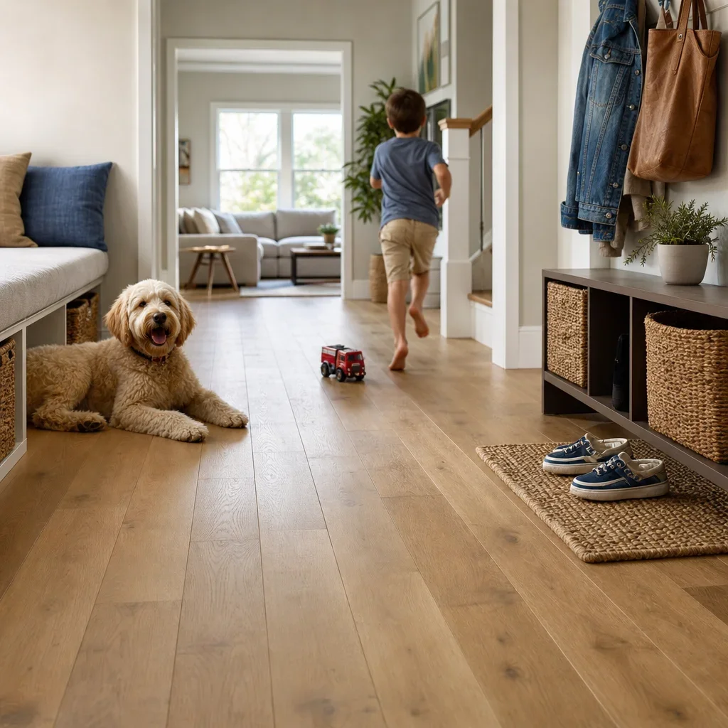 A busy family room with hardwood flooring showing why a durable low-sheen finish is practical.