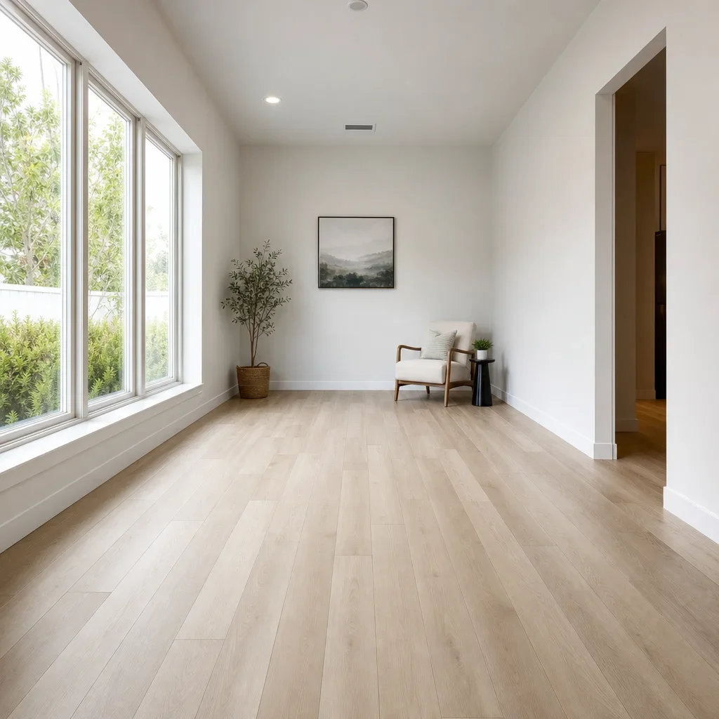 A small room with light laminate flooring that makes the space feel larger.
