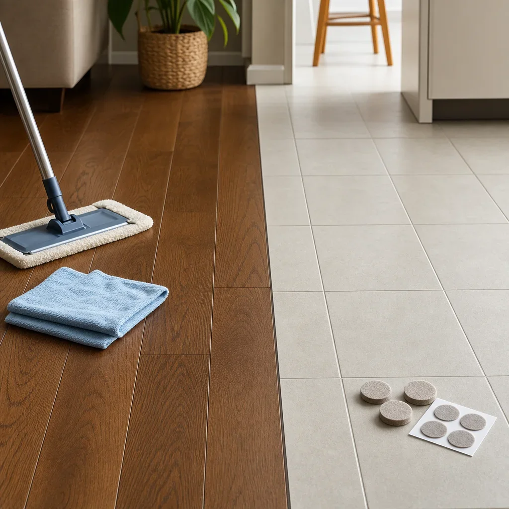 A hardwood floor and tile floor with simple maintenance items to suggest long-term ownership costs.