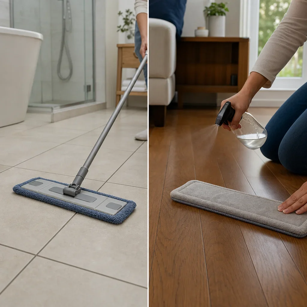 Daily cleaning comparison between ceramic tile and engineered hardwood floors.