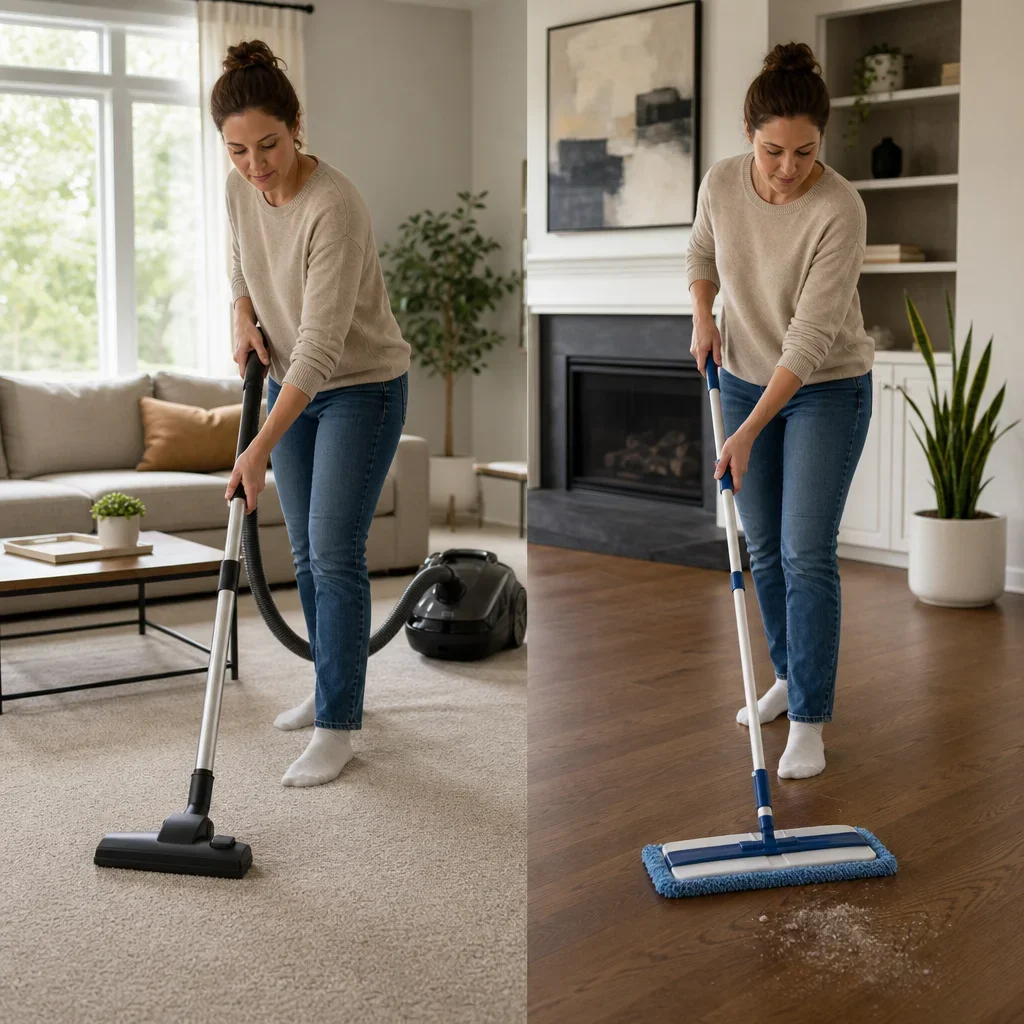 A person cleaning carpet on one side and engineered hardwood on the other.