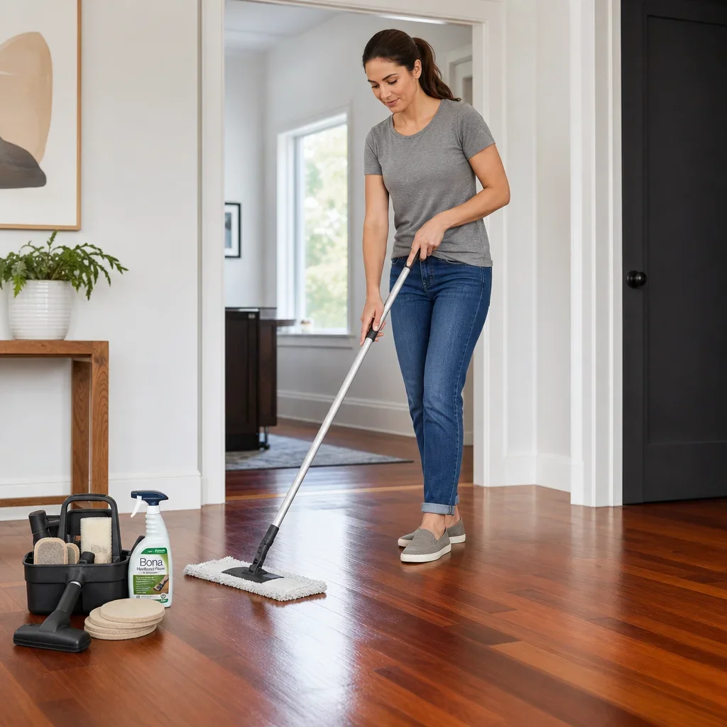 Homeowner cleaning Brazilian cherry hardwood flooring with proper tools.