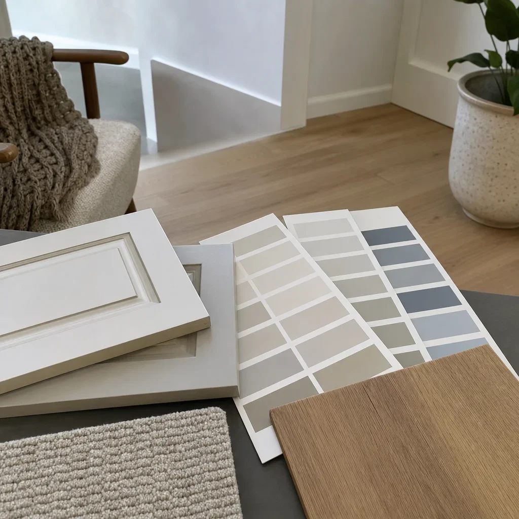 A material-matching setup with laminate, wall paint, cabinets, rug, and furniture samples.