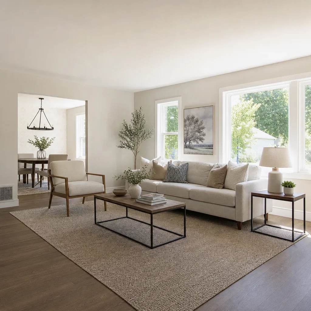 A neutral living room with mid-tone laminate flooring suited to broad resale appeal.