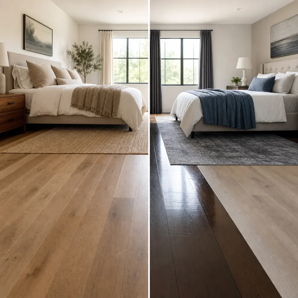 Side-by-side example of a coordinated mixed wood floor and a mismatched one.