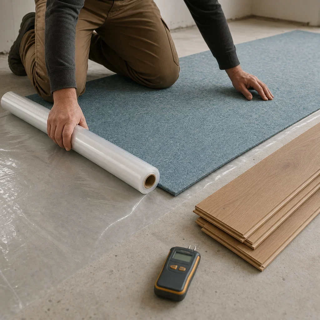 Installer placing a moisture barrier and underlay over a concrete slab.