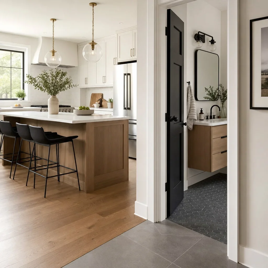 Kitchen and bathroom flooring transition showing tile in wet areas and wood in dry areas.