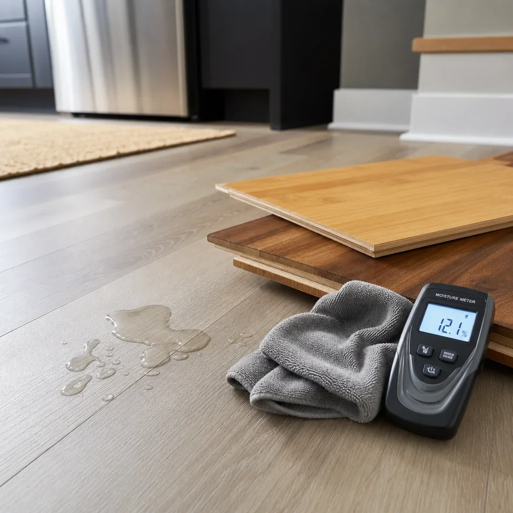 A flooring sample scene showing how bamboo and hardwood react to moisture and cleanup.