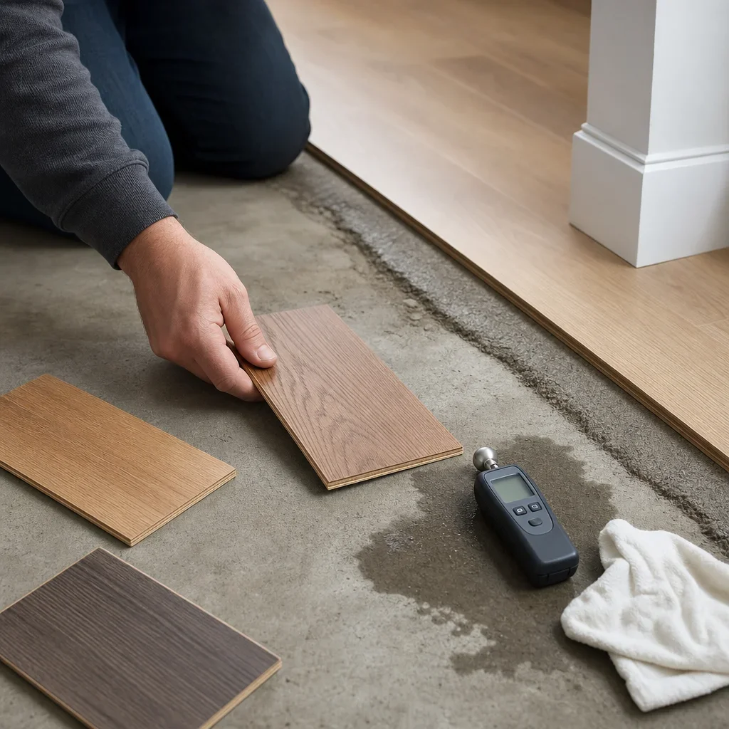 Flooring samples and a moisture meter beside a concrete slab, illustrating moisture concerns.