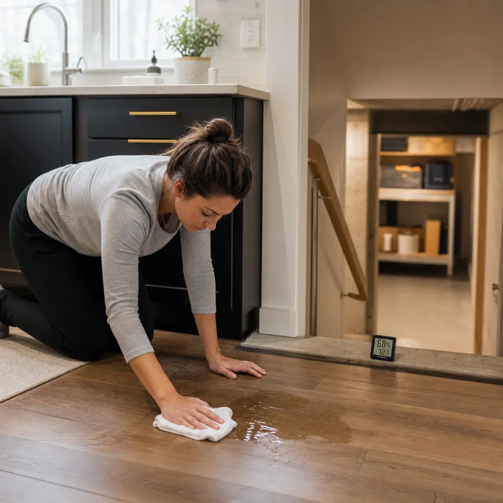 A kitchen spill being wiped from wood flooring near a basement threshold.