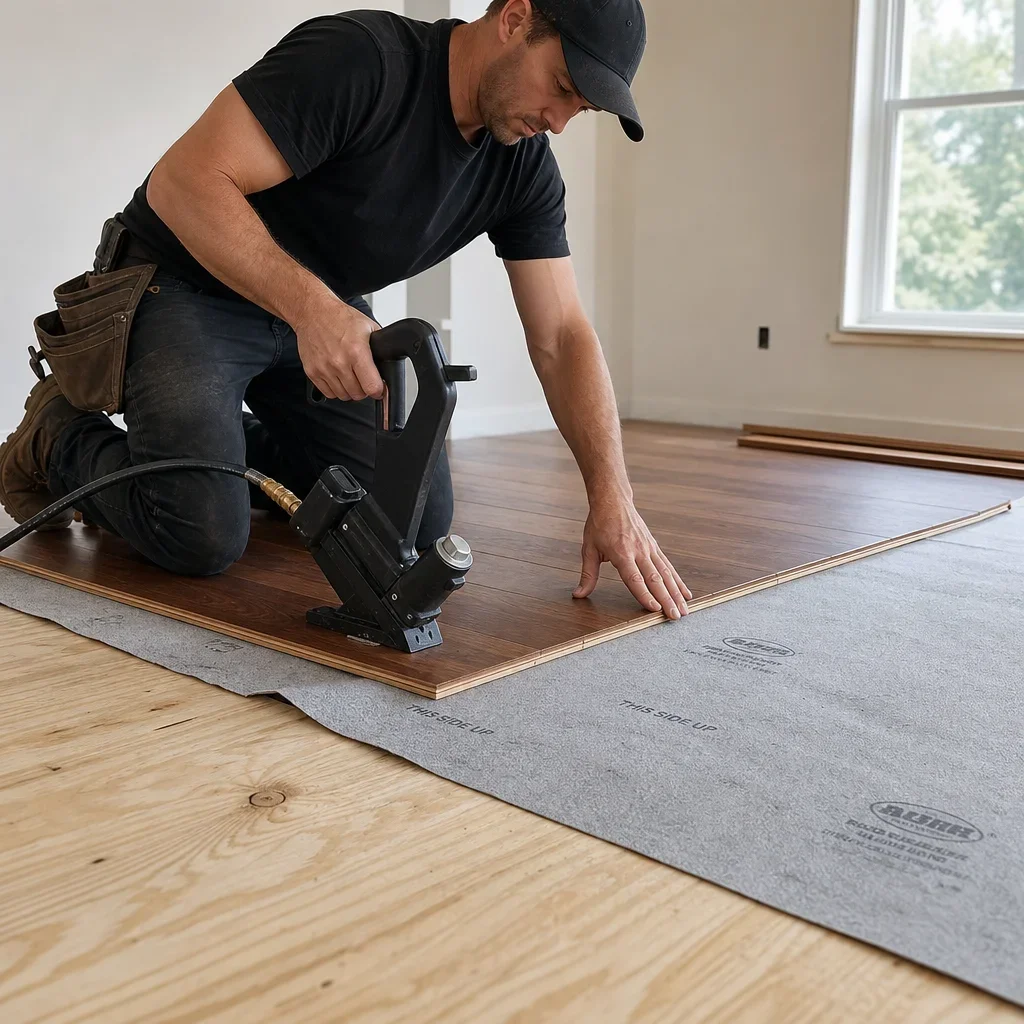 Installer nail-down engineered hardwood over a wood subfloor with felt or paper underlayment.