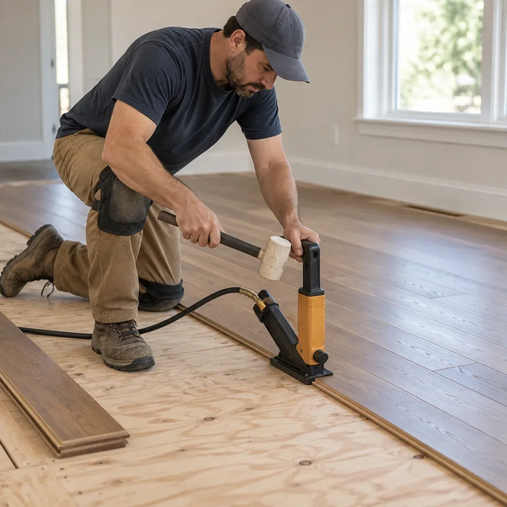 An installer fastens an engineered wood plank to a plywood subfloor with a flooring nailer.