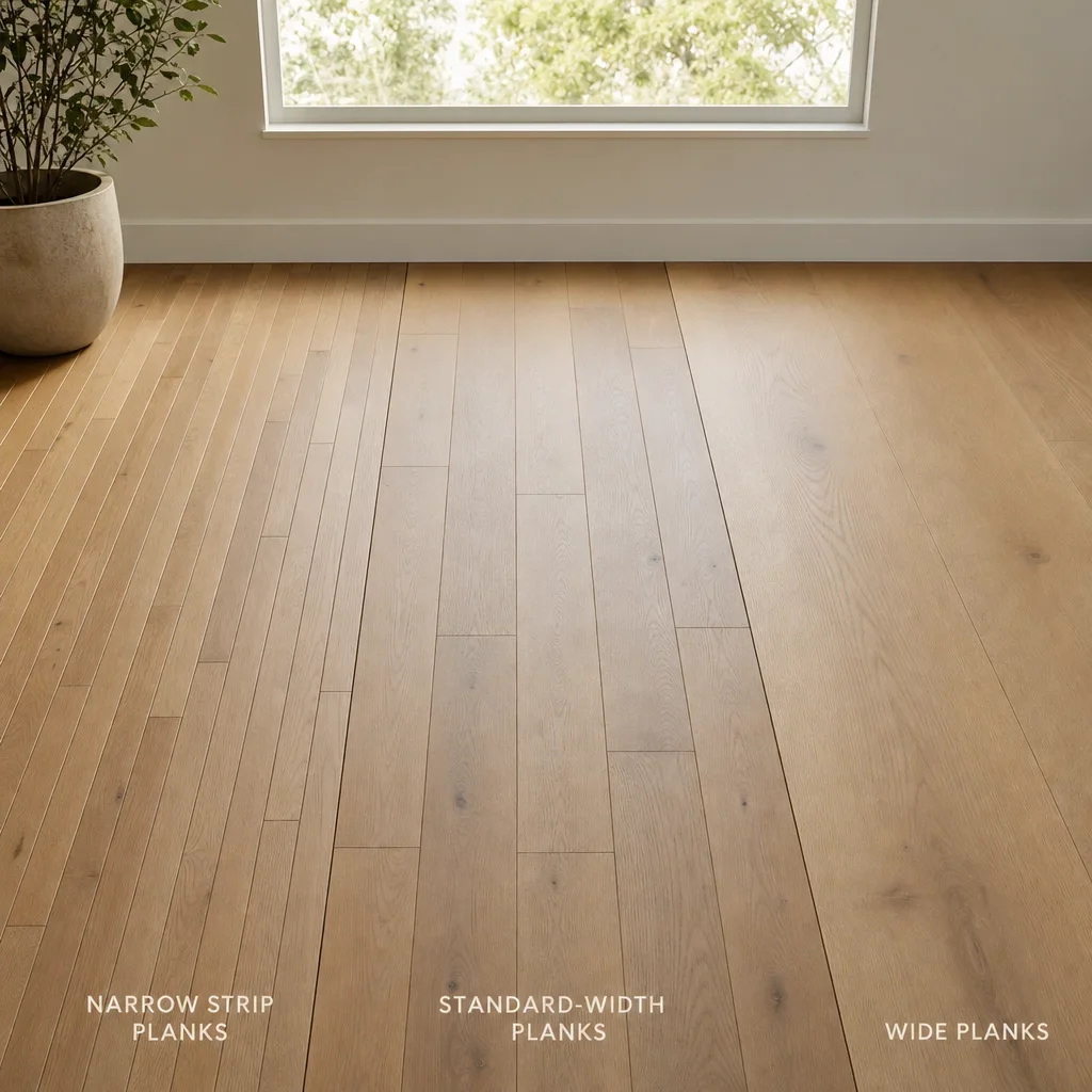 Three hardwood flooring samples showing narrow, standard, and wide plank widths.