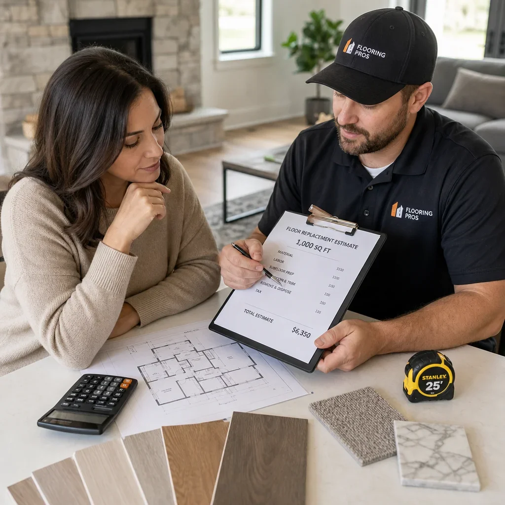 Homeowner and contractor reviewing a flooring budget estimate with samples and floor plan.