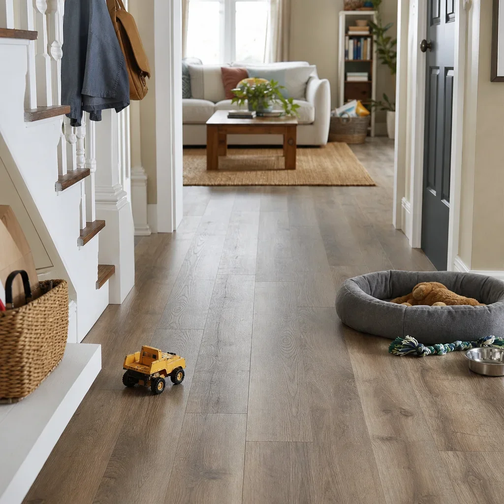 A family home with pets and kids showing a practical mid-tone laminate floor.