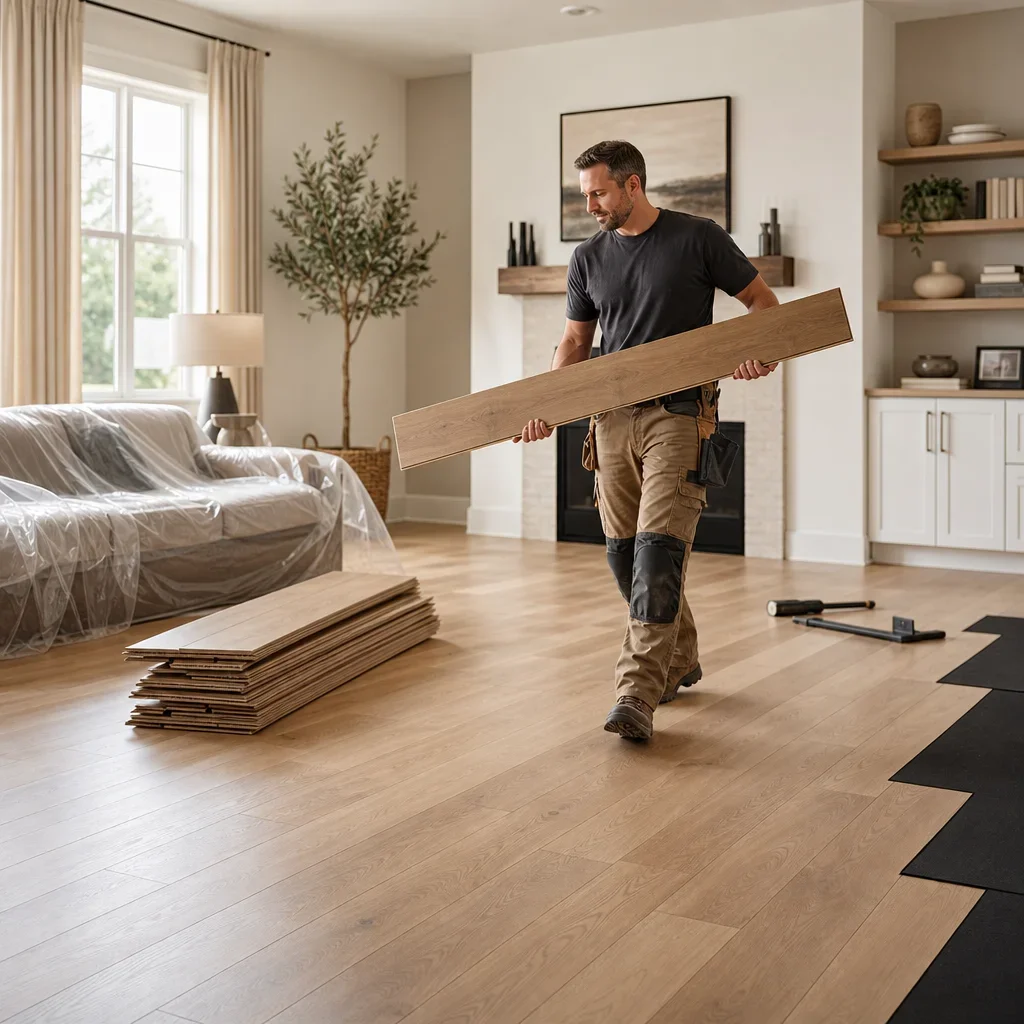 Installer placing prefinished hardwood in a clean, low-dust home renovation setting.
