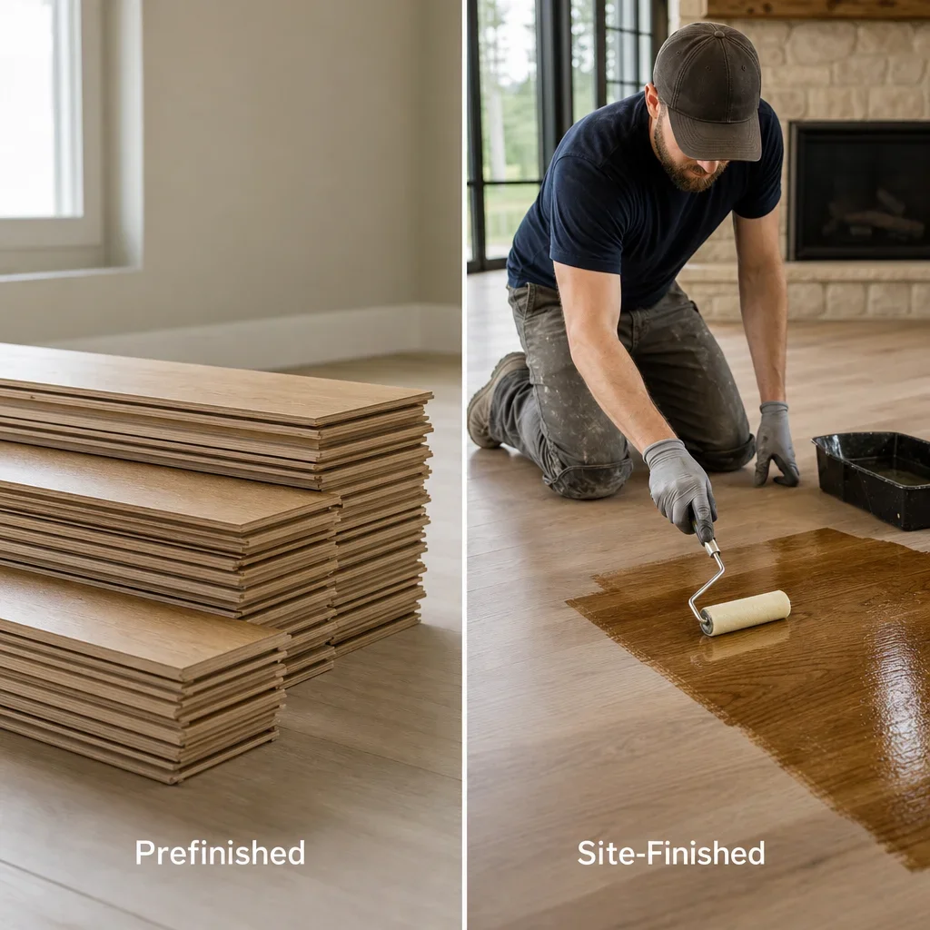 A split scene showing prefinished and site-finished hardwood workflows.