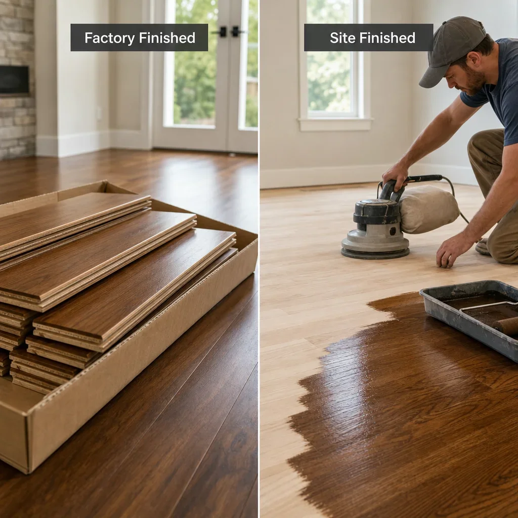 Split view of factory-finished and site-finished hardwood installation processes.