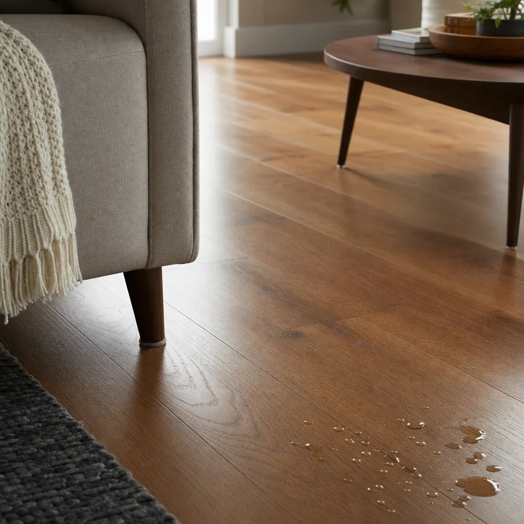 Engineered hardwood floor in a living room, showing real wood grain and warm appearance.