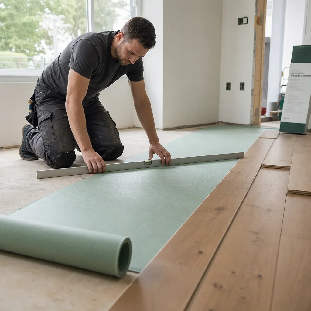 Installer checking subfloor flatness and acoustic underlayment for engineered hardwood.