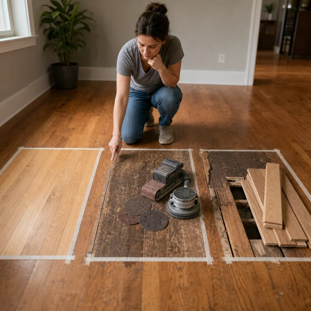 Three floor sample areas illustrating when to recoat, refinish, or replace.