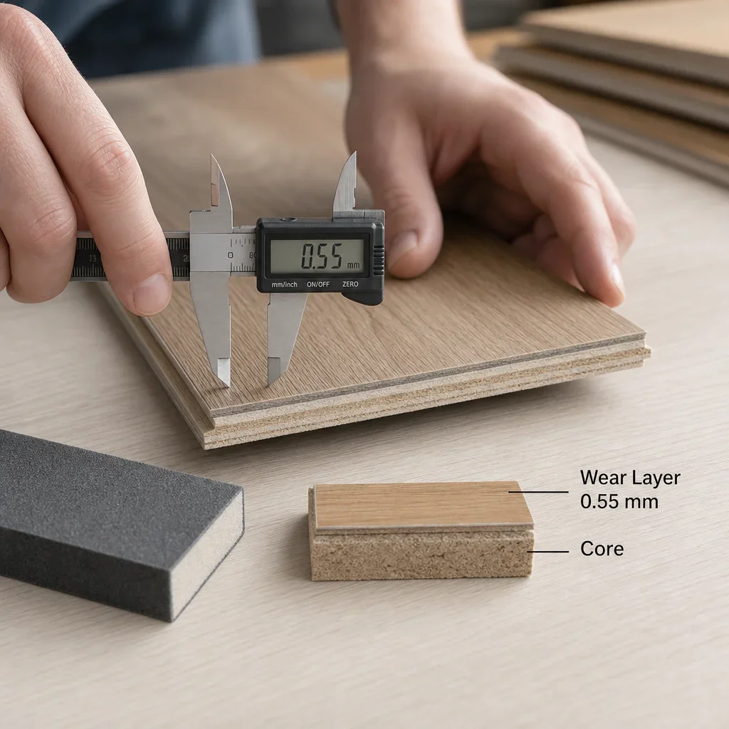 A close-up of flooring samples and tools illustrating refinishing and wear layer thickness.