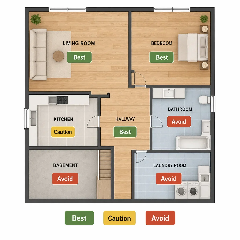 A simple room-by-room floor plan showing where hardwood is best, cautionary, or usually avoided.