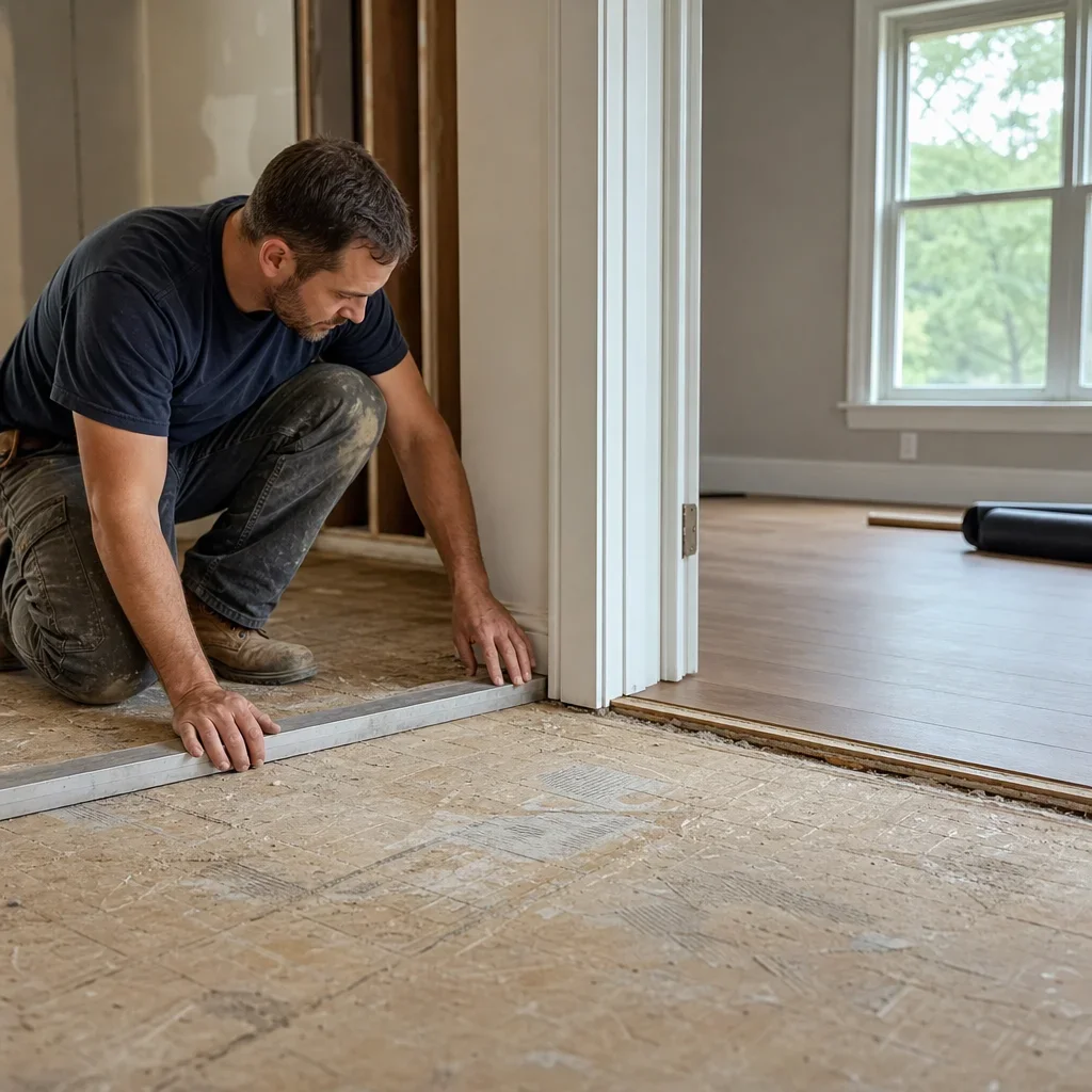 A contractor checking subfloor flatness and a doorway transition