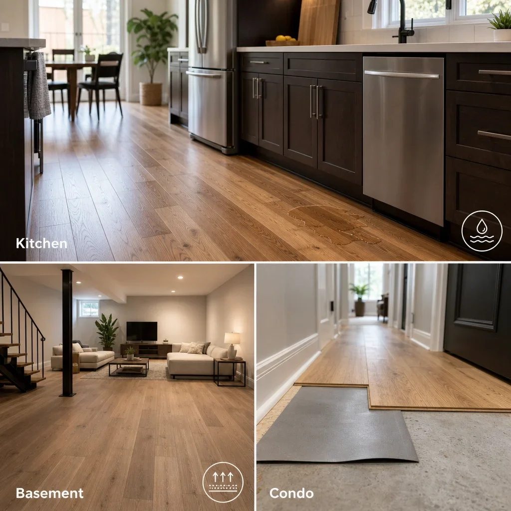 A multi-space composition showing where hardwood is suitable in homes and condos.