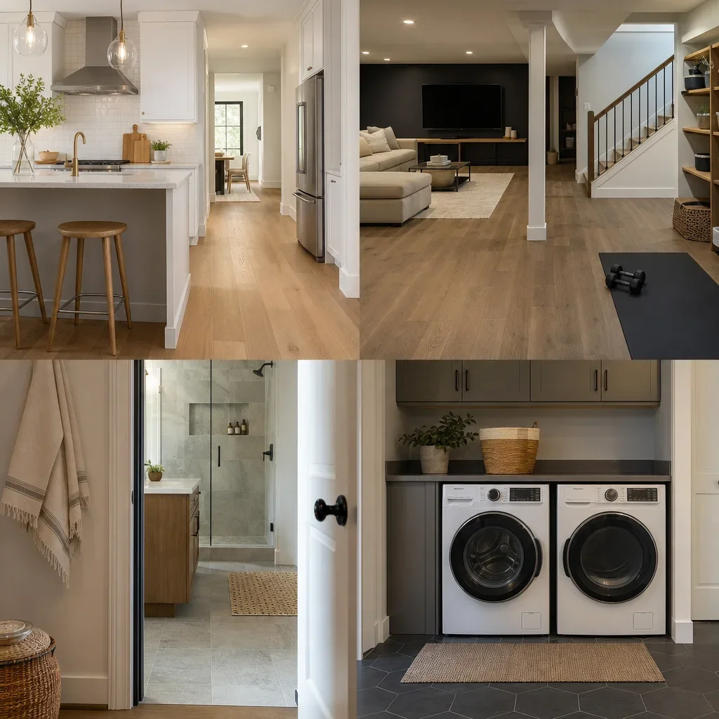 Home rooms where engineered hardwood may be used, including kitchen and laundry area.