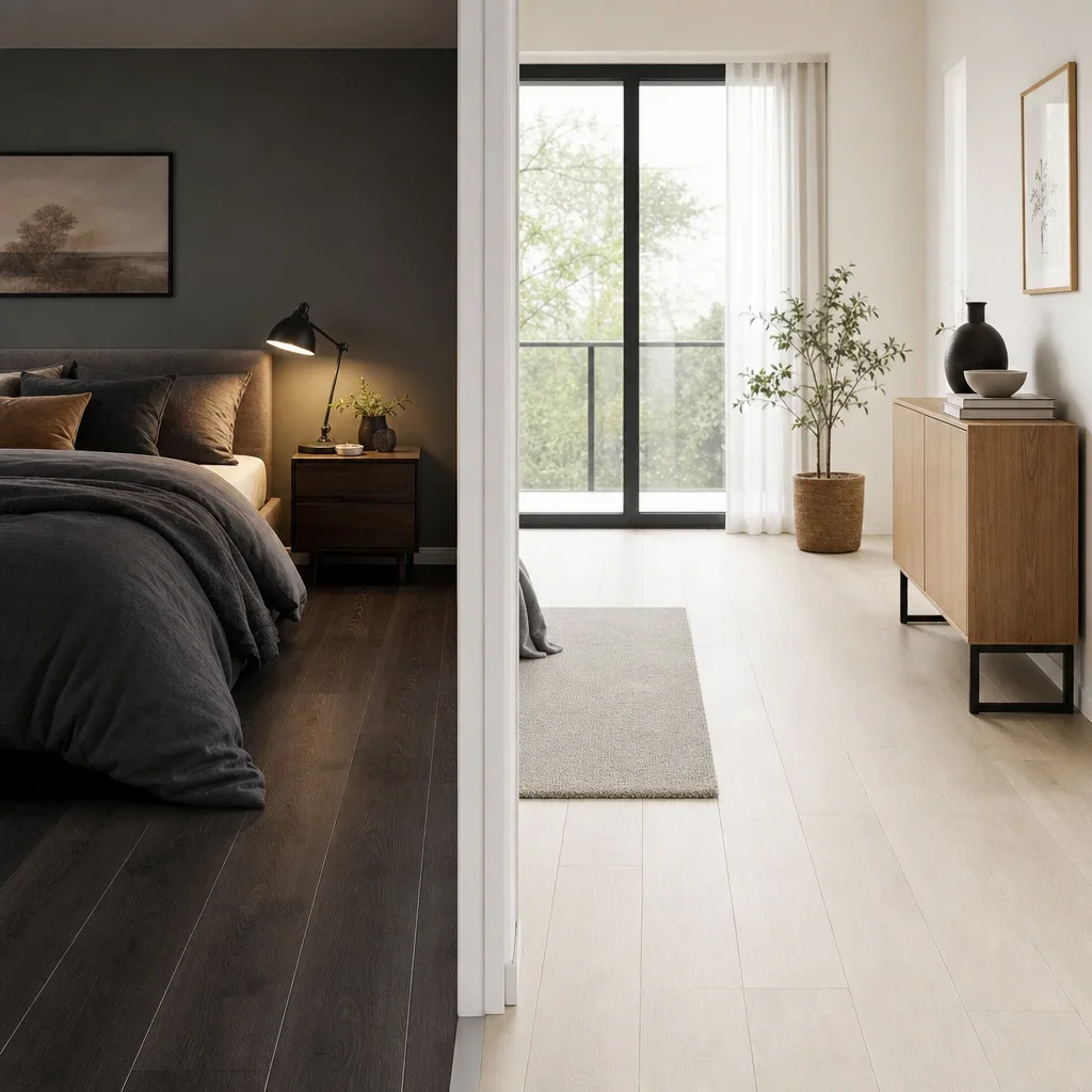 Two room examples showing where dark laminate and light laminate work best.