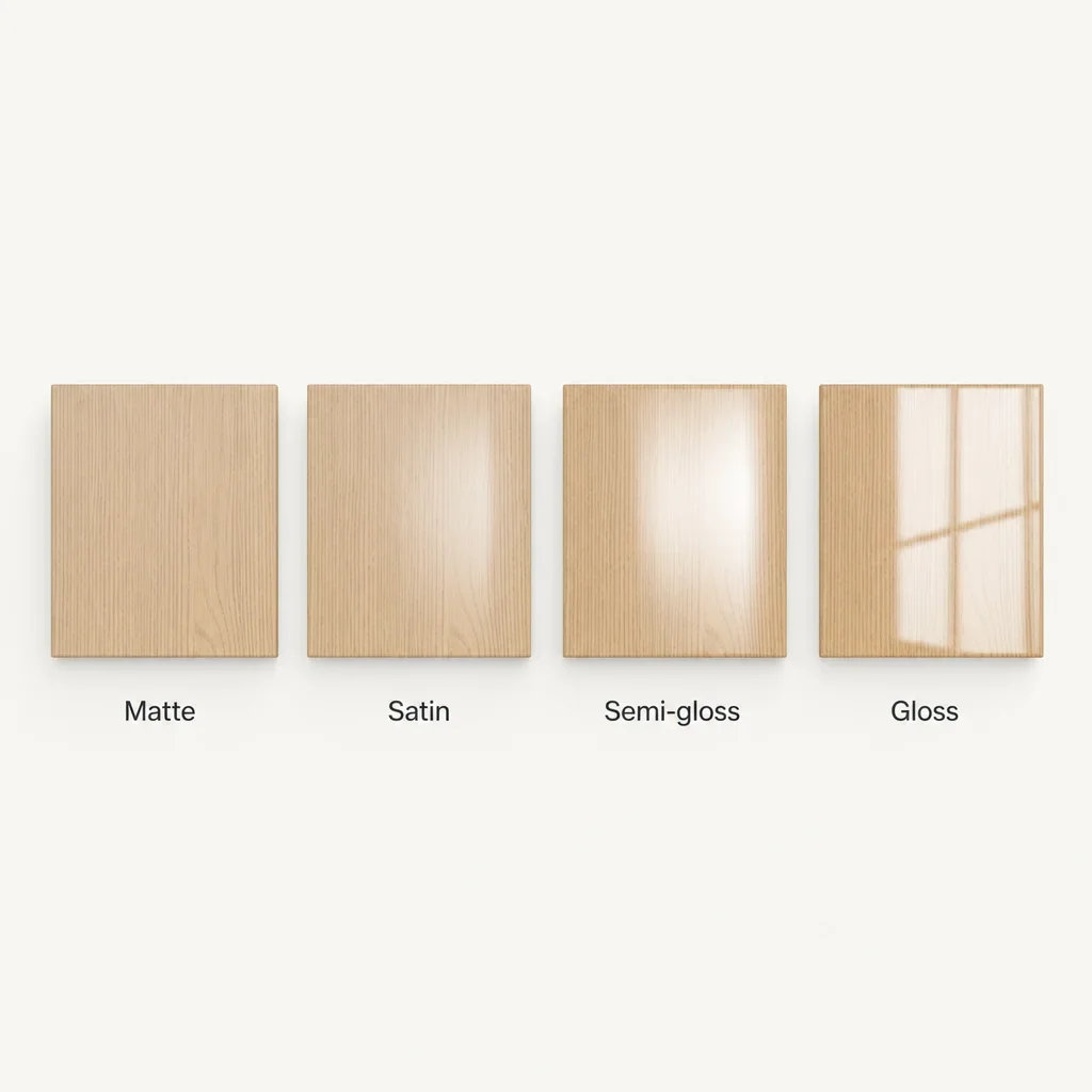 A simple sheen comparison chart showing matte through gloss on wood samples.