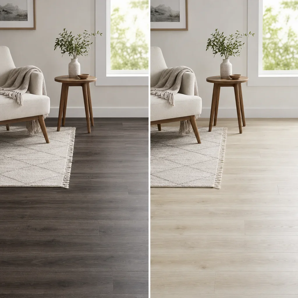 Side-by-side interior comparison of dark and light laminate flooring.