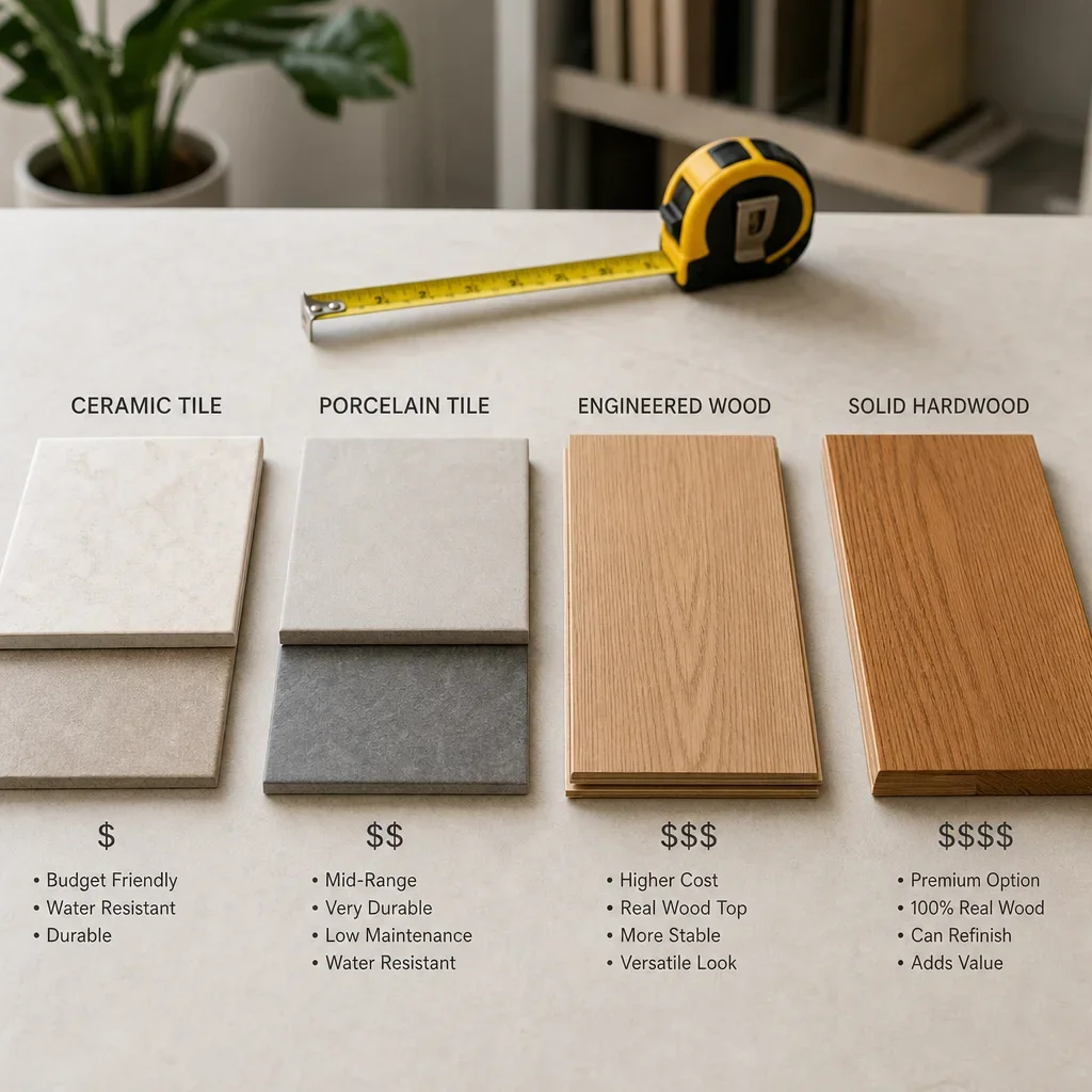 Side-by-side samples of ceramic tile, porcelain tile, engineered wood, and solid hardwood.