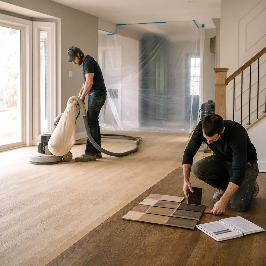 Flooring workers sanding and finishing hardwood on site in a home.