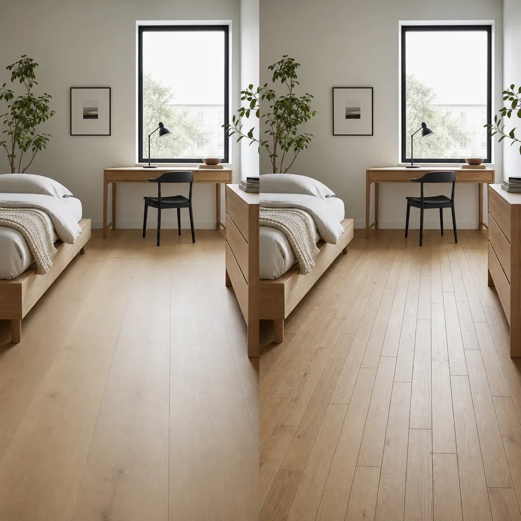 Side-by-side small room comparison showing wide plank and narrow plank flooring.