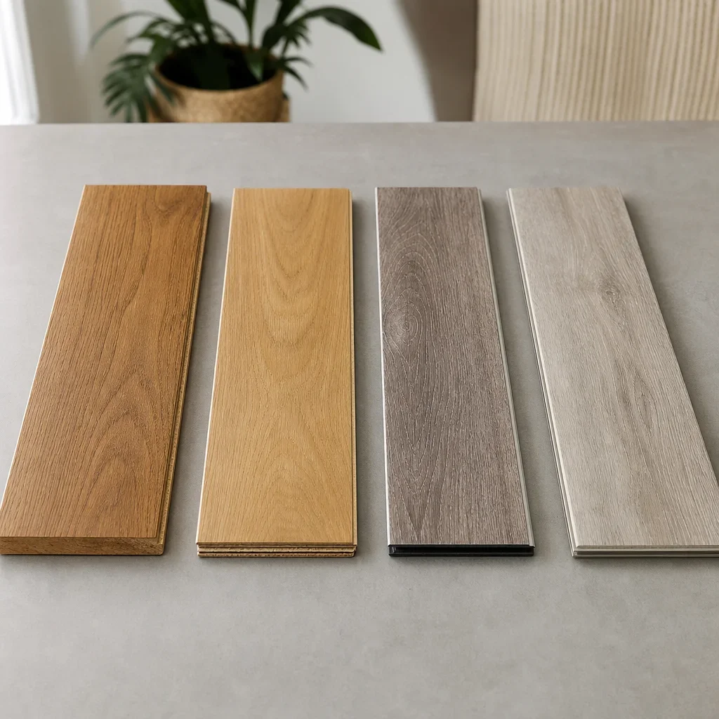 Four flooring material samples arranged for comparison