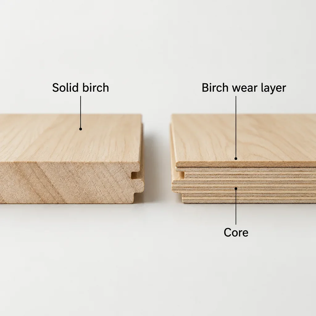 Cutaway diagram contrasts solid birch flooring with engineered birch and its layered core.