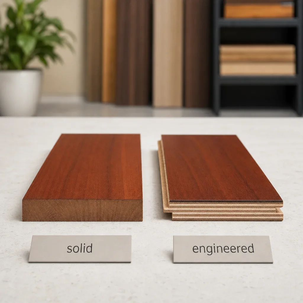 Side-by-side comparison of solid and engineered Brazilian cherry flooring samples.