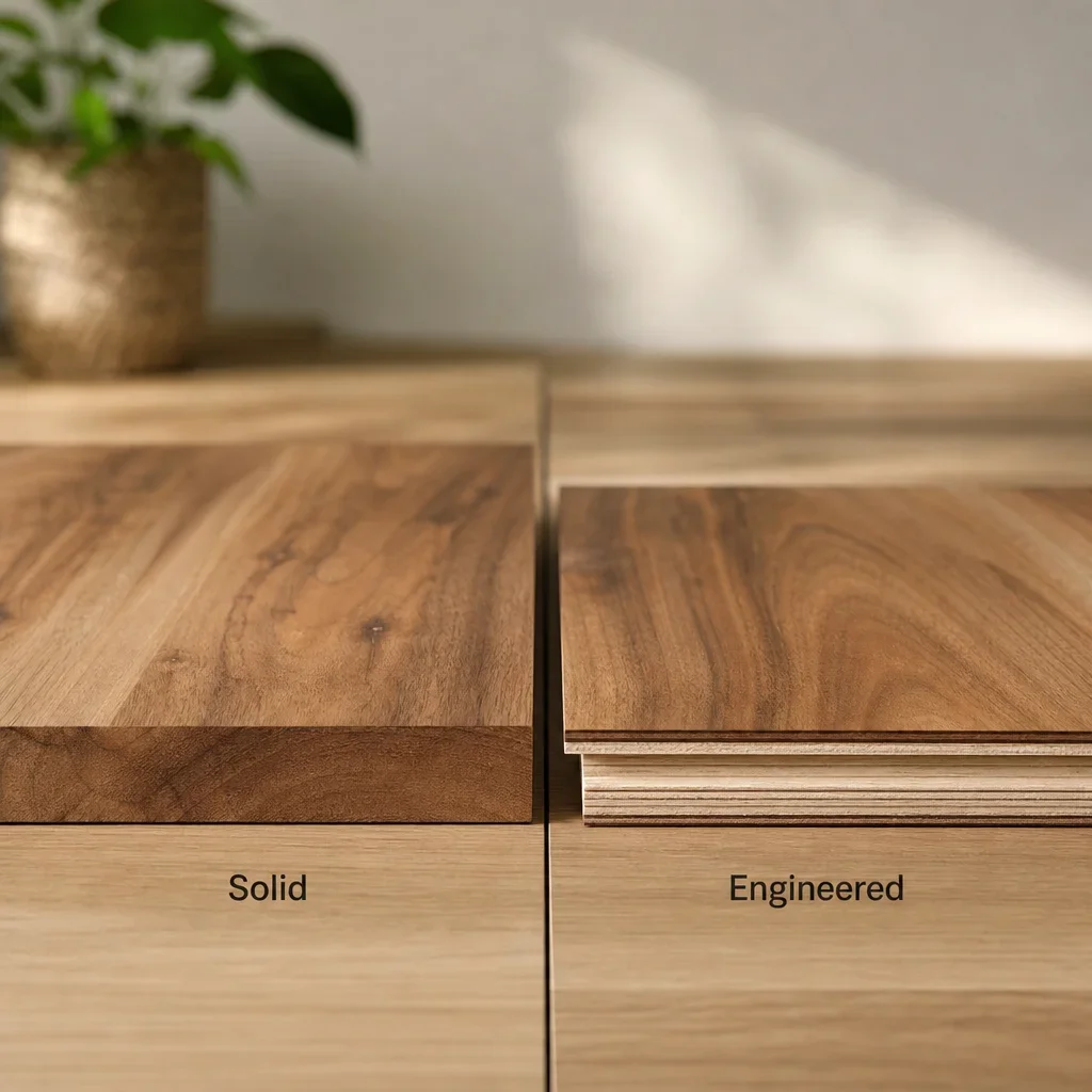 Split-view of solid wood and engineered wood flooring showing the difference in construction.