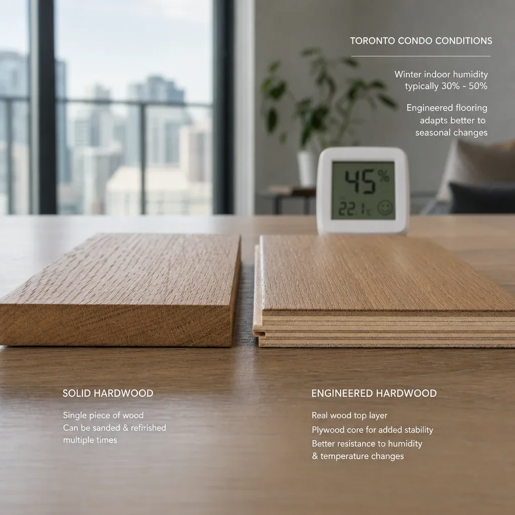 Close-up comparison of solid hardwood and engineered hardwood flooring samples.