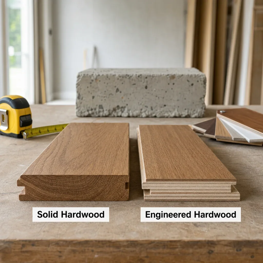 Side-by-side comparison of solid hardwood and engineered hardwood cross-sections.