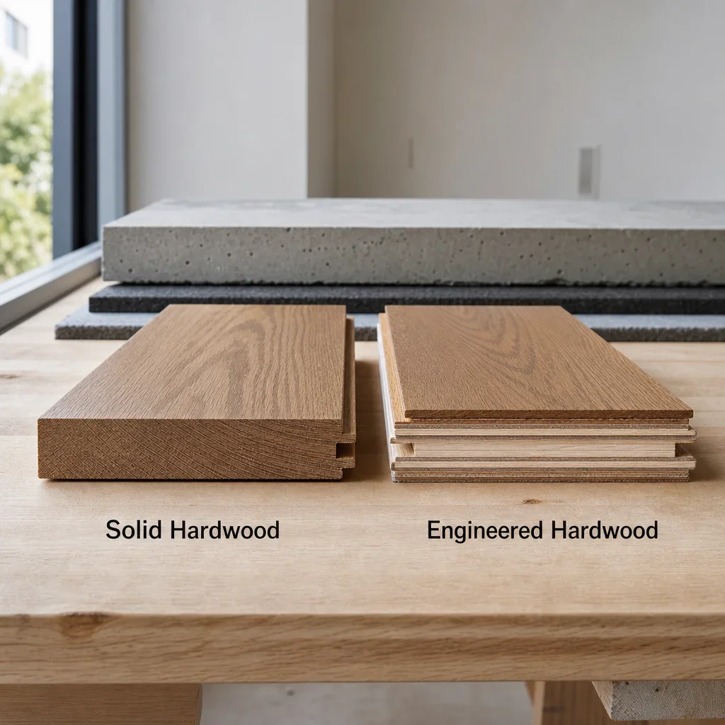 A side-by-side cross-section of solid and engineered hardwood.