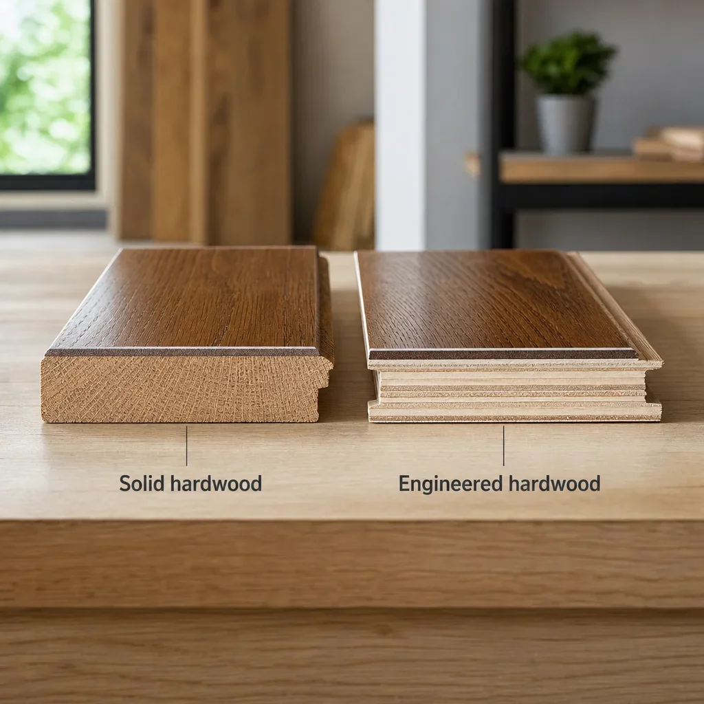 A cutaway comparison showing solid hardwood and engineered hardwood plank construction.