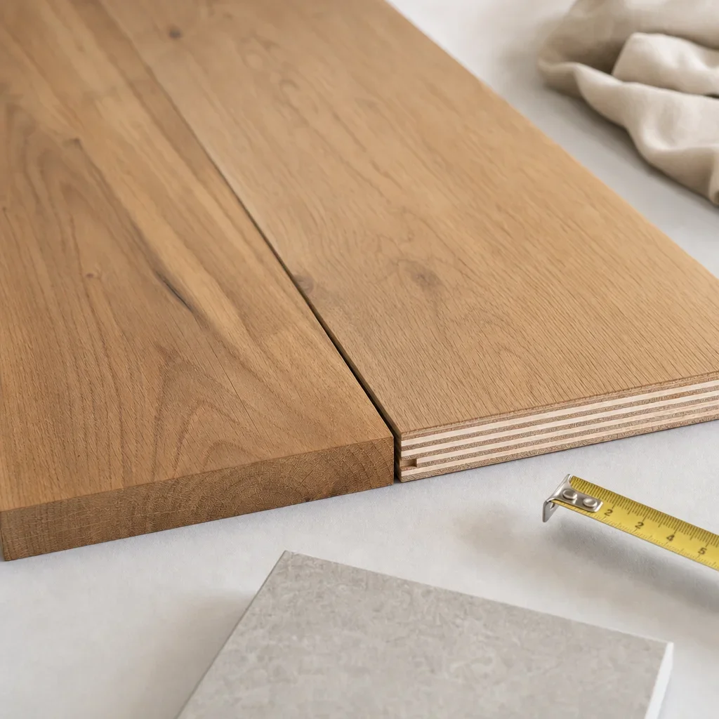 Side-by-side close-up of solid and engineered hardwood plank construction.