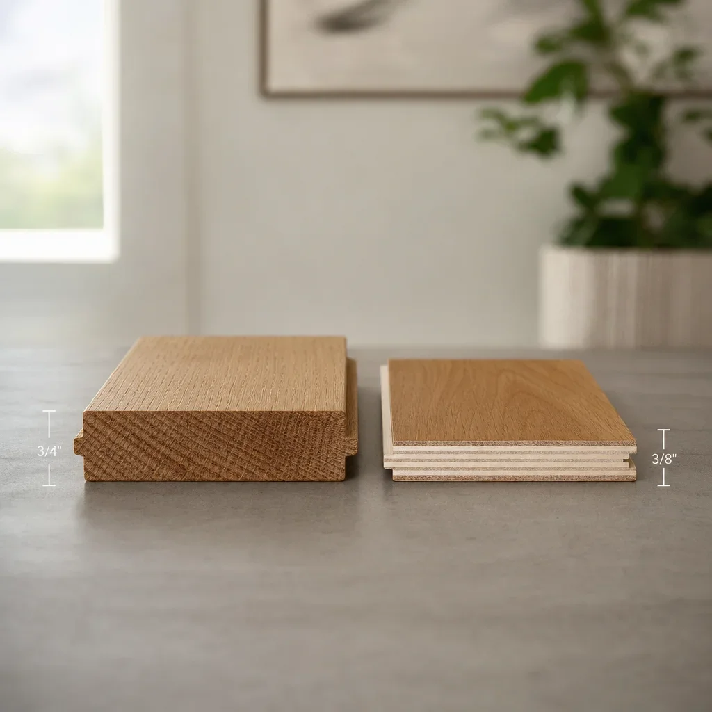 Side-by-side comparison of solid hardwood and engineered hardwood cross-sections.