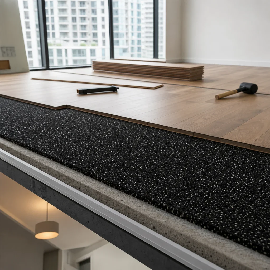 Engineered hardwood installed over dense acoustic underlayment in an upper-floor setting.