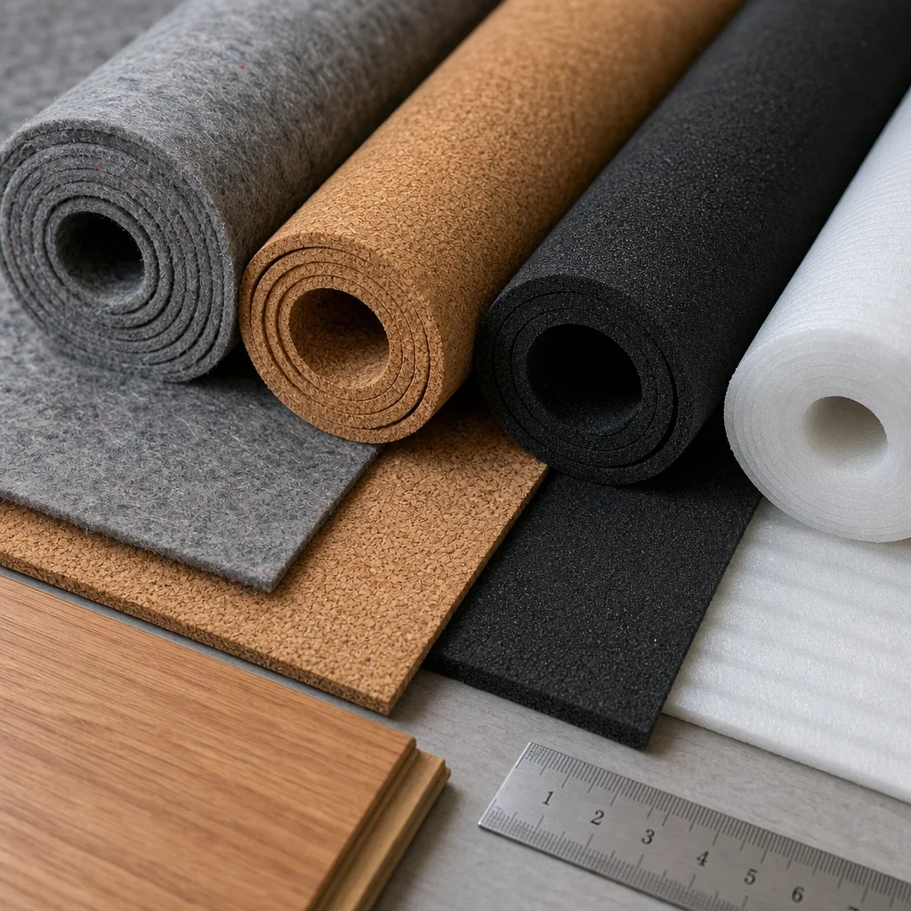 Close-up comparison of hardwood floor underlayment materials.